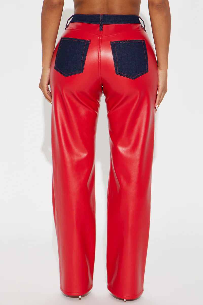CUT OUT RED PU LEATHER PANTS