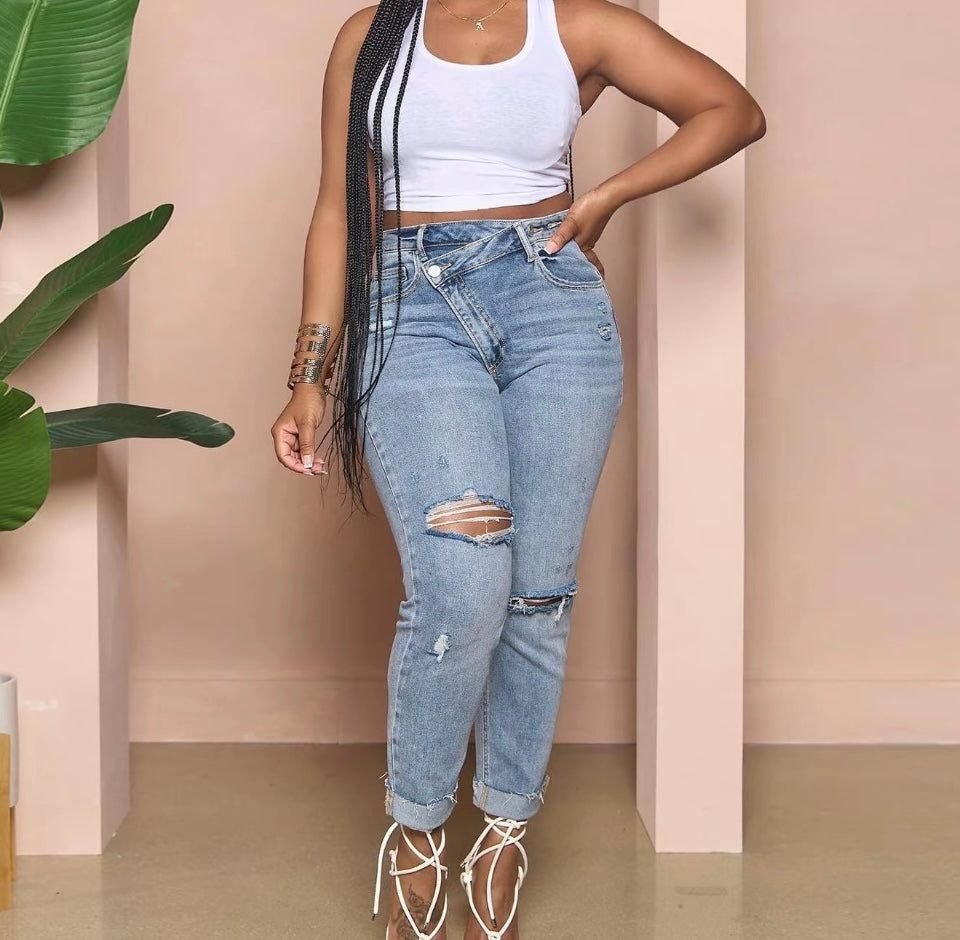 Asymmetric Blue Ripped Jeans