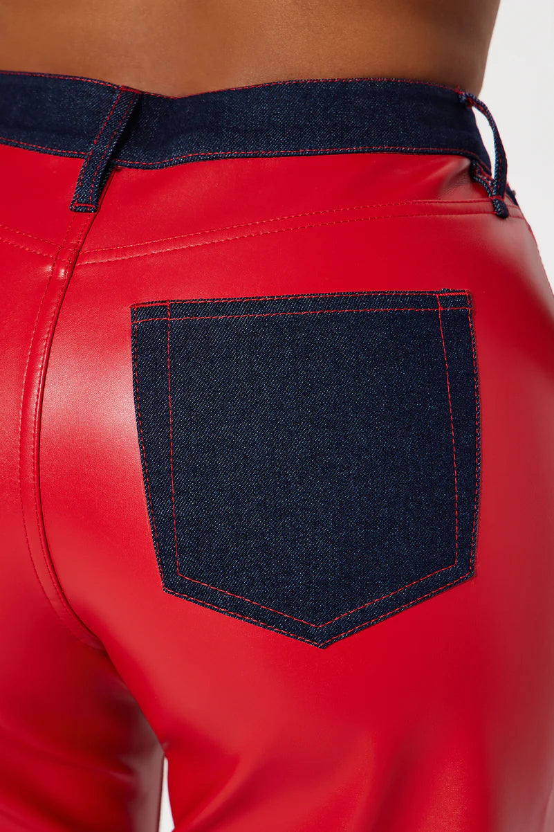 CUT OUT RED PU LEATHER PANTS