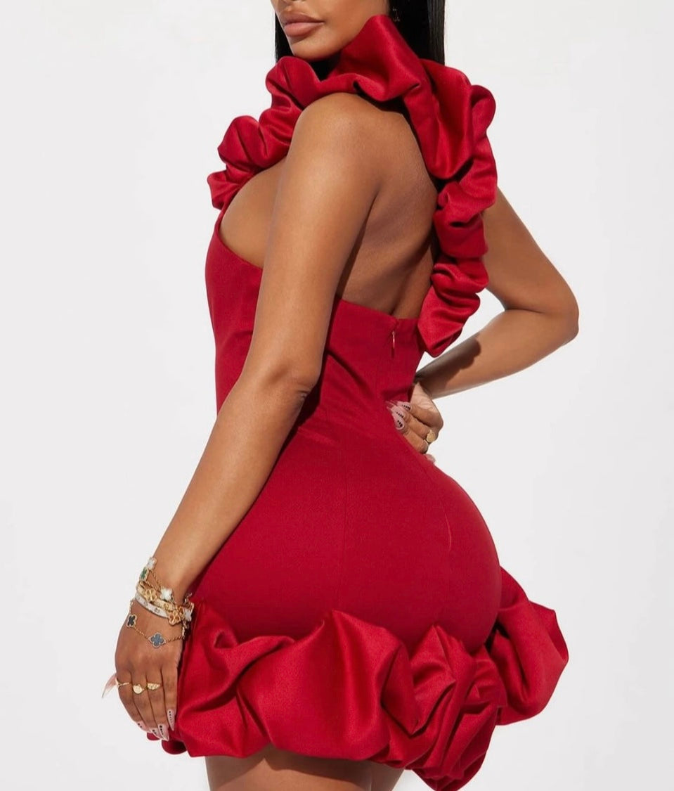 WINE RED MINI RUFFLE DRESS