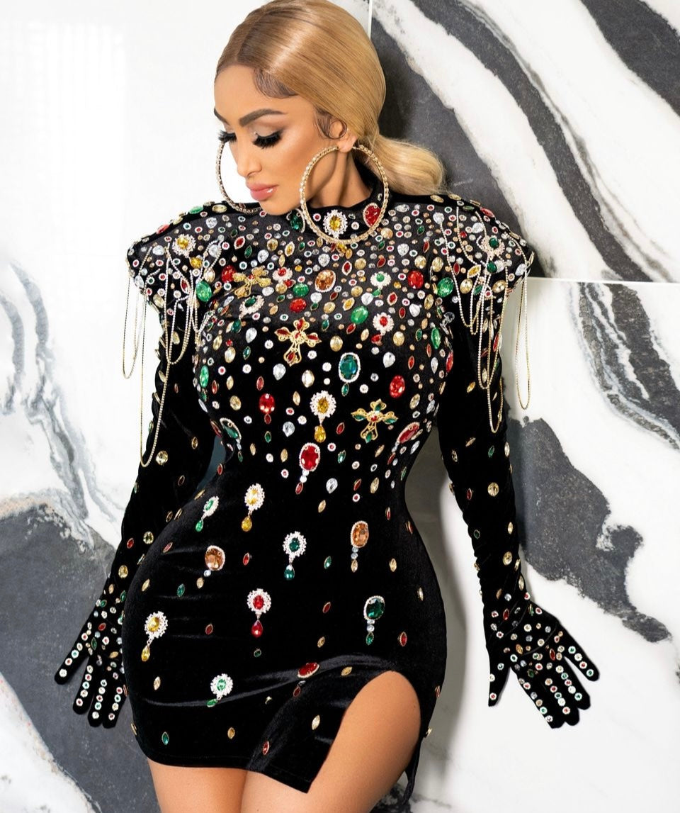 Multicolor Rhinestone Mini Dress