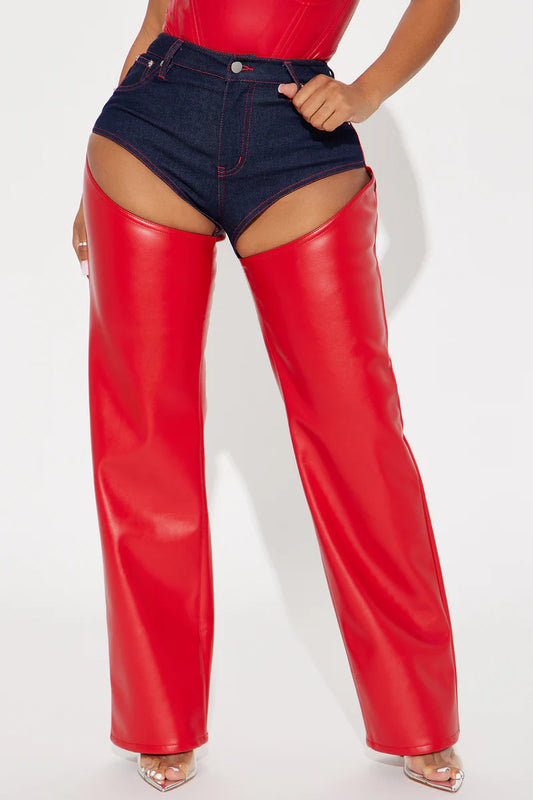 CUT OUT RED PU LEATHER PANTS