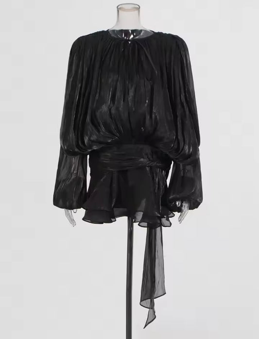 Satin padded shoulder mini black dress